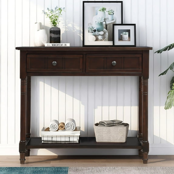 UWR-Nite Traditional Design Console Table with Two Drawers and Bottom Shelf, Sofa Table for Entryway Living Room, Espresso