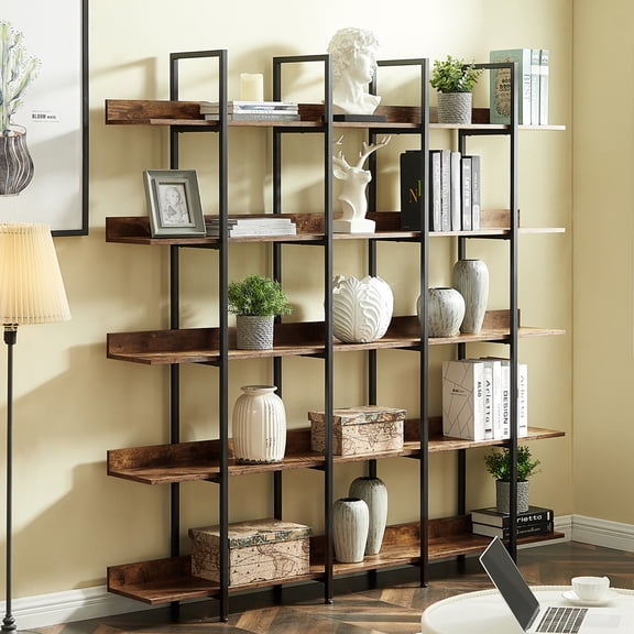 UWR-Nite Triple Wide 5-Tier Bookshelf, Industrial Display Bookcase with Metal Frame, Tall Open Storage Book Shelves for Bedroom, Living Room, Home Office
