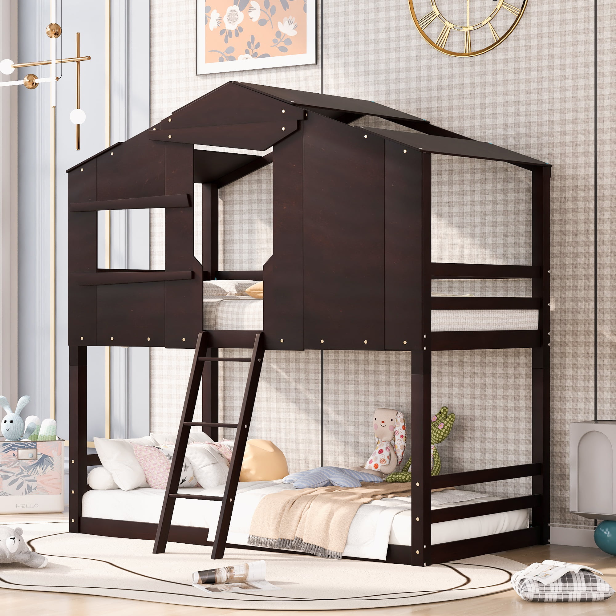 UWRNite Twin Over Twin Bunk Bed, House Bed for Kids with Roof and