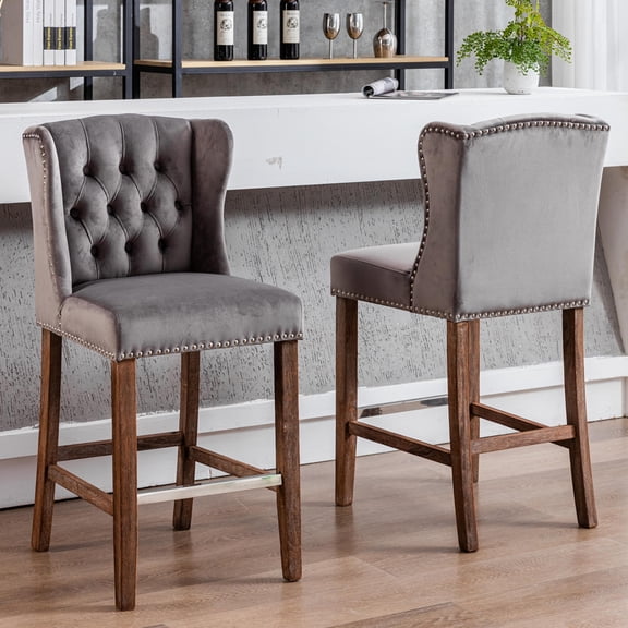 UWR-Nite Upholstered Bar Stools Set of 2, 27" Wingback Counter Height Barstools with Back Velvet Button Tufted Island Stool Chairs Nailhead Trimmed for Kitchen Pub Cafe Restaurant