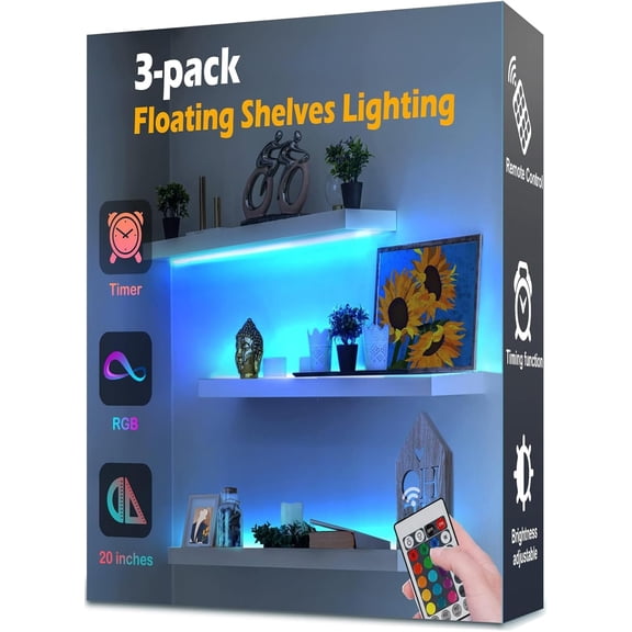 UXCPM-3-Pack Shelf Lights, Upgrade Battery Operated 20inch Led Strip Lights with Remote, Color Change with Timer Floating Shelves LED Wall Lights, DIY Led for Bedroom, Kitchen, Indoor Room Decor