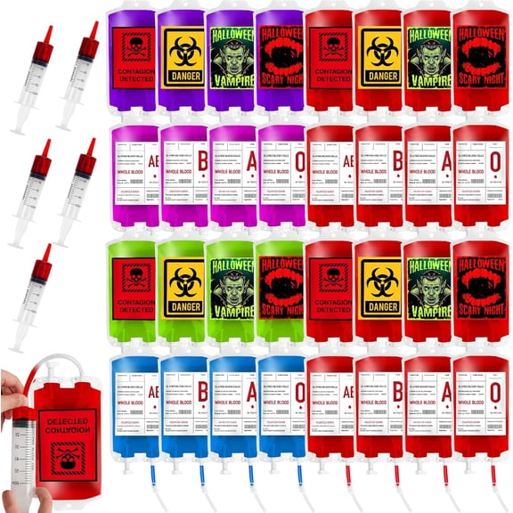 UXCPM-MGparty 80 Pack Halloween Blood Bag Props, Refillable Pouches with Straws and Filling Tools, Spooky Accessories for Zombie Vampire Theme Party Supplies