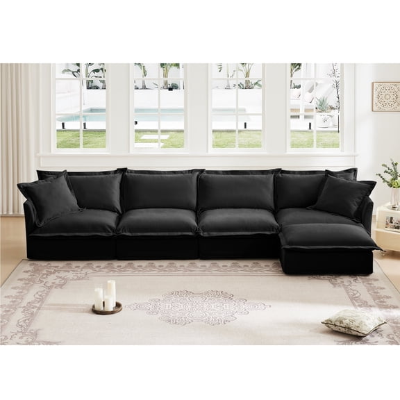 UXENAFANA 156.6" W Sectional Convertible Sofa L Shaped Modular Couch with Chaise Chenille Sleeper Set with 4 Oversized Seats Black