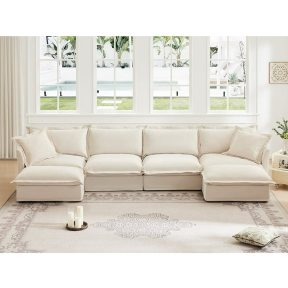 UXENAFANA 156.6" W Sectional Convertible Sofa U Shaped Modular Couch with Chaise Chenille Sleeper Set with 4 Oversized Seats Cream
