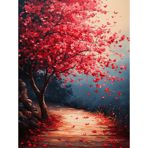 UXIEQU 12x16 Inch 2D Flat Blooming Red Blossom Tree Wall Art Vibrant Floral Landscape Home Decor