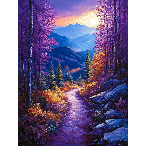UXIEQU 12x16 Inch 2D Flat Moonlit Forest Path Wall Art Purple Blue Woodland Tranquil Nature Home Decor