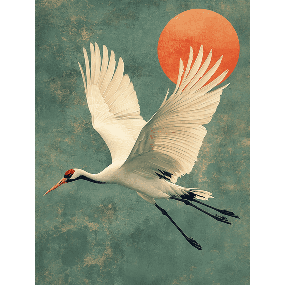 UXIEQU 12x16 Inch 2D Flat Sage Green Japanese Cranes Wall Art Minimalist Japandi Pastel Living Room Decor