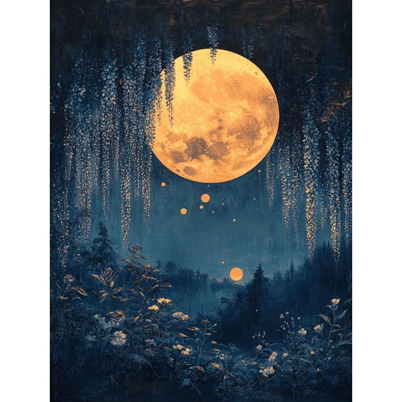 UXIEQU 12x16 Inch Golden Moon Wisteria Canvas Wall Art Floral Night Decor