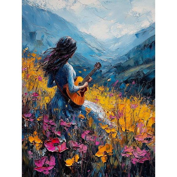 UXIEQU 12x16 Inch Guitar Woman Flower Field Canvas Wall Art Bohemian Decor