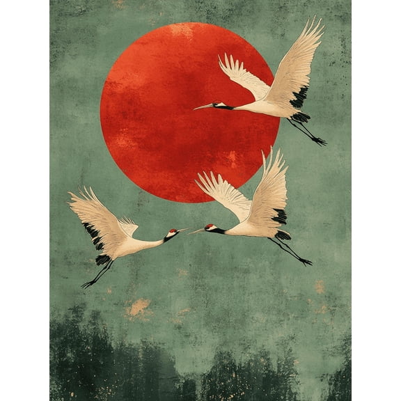 UXIEQU 12x16 Inch Sage Green Japanese Cranes Canvas Wall Art Japandi Zen Decor