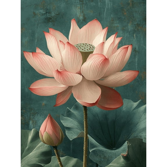 UXIEQU 2D Flat Japanese Ohara Koson Lotus Wall Art, Sage Green Botanical Pink Print, 15.75x11.81 Inches Living Room Home Decor