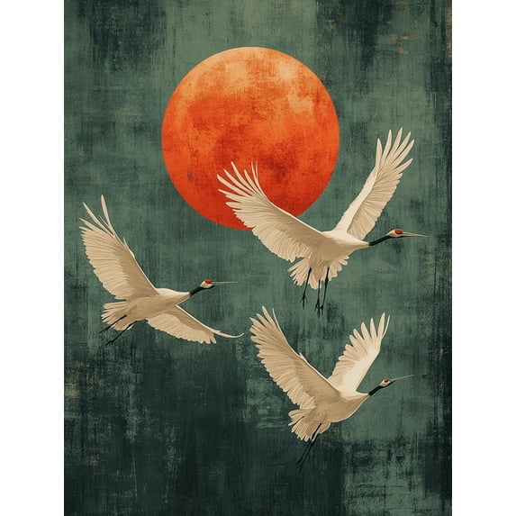UXIEQU 2D Flat Sage Green Japanese Cranes Wall Art, Moon Bird Minimalist Japandi Print, 15.75x11.81 Inches Living Room Gift Decor