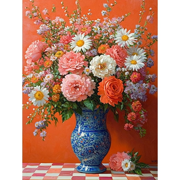 UXIEQU 2D Flat Vibrant Floral Rose Wall Art, Checkerboard Table Coral Backdrop Print, 15.75x11.81 Inches Home Wall Decor