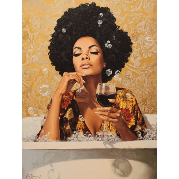 UXIEQU Afro Woman With Wine In Bathtub Canvas Wall Art Print 15.75x11.81 Inches