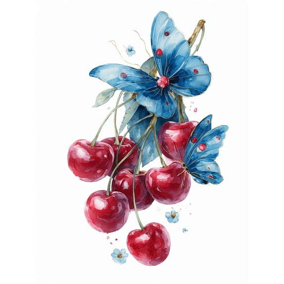 UXIEQU Blue Butterfly And Cherries Watercolor Canvas Wall Art Print 15.75x11.81 Inches