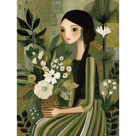 UXIEQU Botanical Portrait Woman Floral Canvas Print 15.75x11.81 Inches