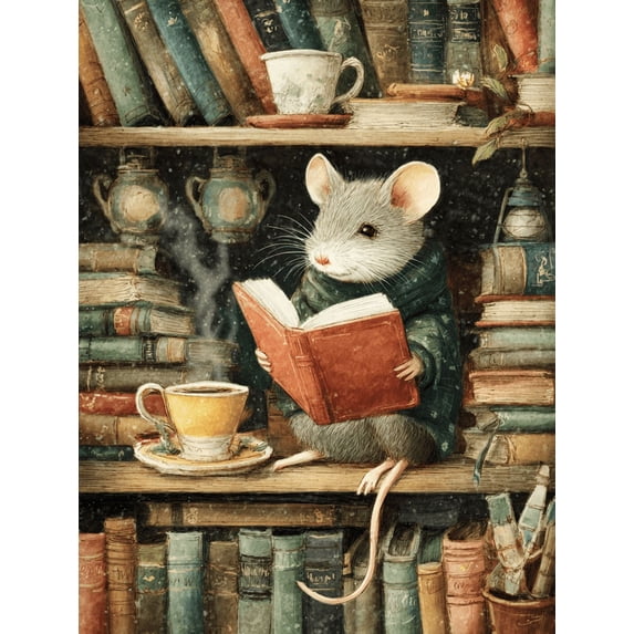 UXIEQU Cozy Reading Mouse in Library Canvas Wall Art 15.75x11.81 Inches