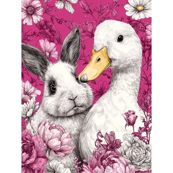 UXIEQU Cute Bunny And Duck Floral Canvas Wall Art Print 15.75x11.81 Inches