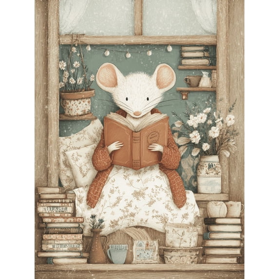 UXIEQU Cute Mouse Reading Book Canvas Wall Art Print 15.75x11.81 Inches