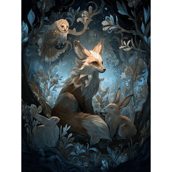 UXIEQU Enchanted Forest Fox Owl Rabbit Canvas Wall Art Print 15.75x11.81 Inches