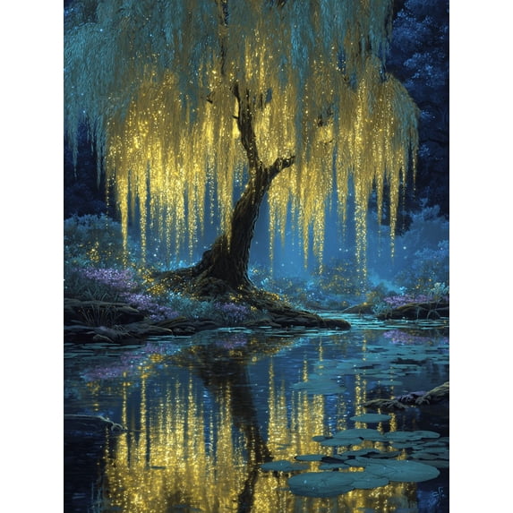 UXIEQU Enchanted Willow Tree With Golden Lights Canvas Wall Art Print 15.75x11.81 Inches