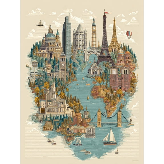 UXIEQU Famous Landmarks World Map Canvas Art 15.75x11.81 Inches
