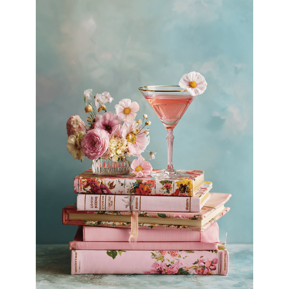 UXIEQU Floral Books Martini Glass Canvas Wall Art 15.75x11.81 Inches
