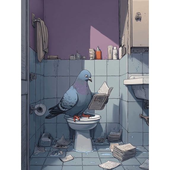 UXIEQU Funny Pigeon Reading Newspaper Toilet Canvas Wall Art Print 15.75x11.81 Inches