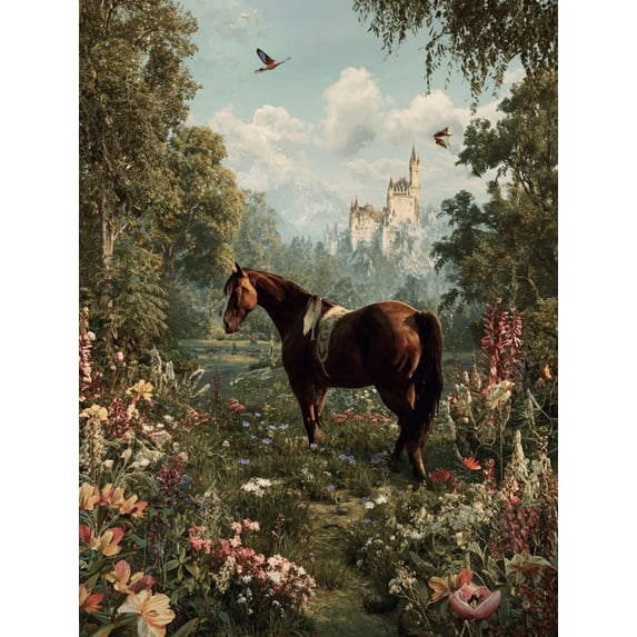 UXIEQU Horse And Castle Landscape Canvas Wall Art Print 15.75x11.81 Inches