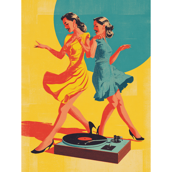 UXIEQU Retro Dancing Women Record Player Canvas Wall Art 15.75x11.81 Inches