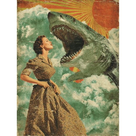 UXIEQU Retro Woman And Shark Graphic Canvas Wall Art Print 15.75x11.81 Inches
