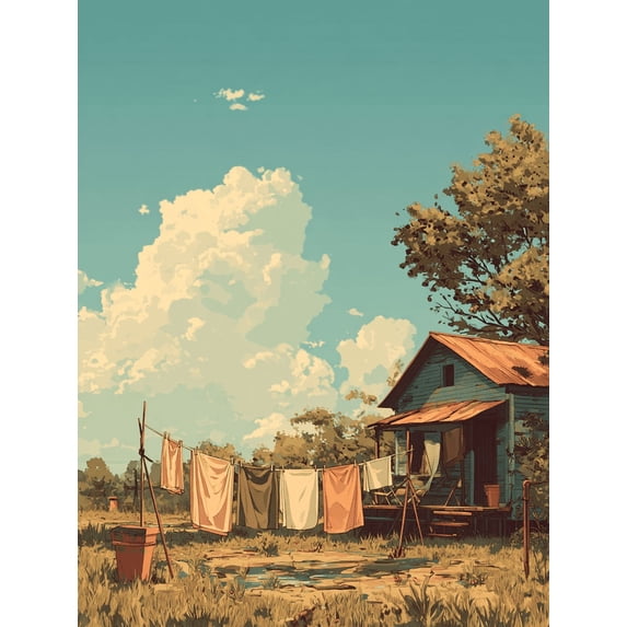 UXIEQU Rural Laundry Drying Scene Canvas Wall Art 15.75x11.81 Inches