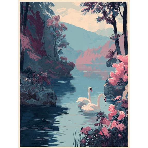 UXIEQU Swan Couple Lake Scenery Canvas Wall Art 15.75x11.81 Inches
