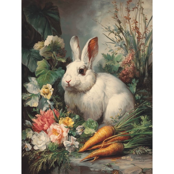 UXIEQU White Rabbit Carrots Floral Canvas Wall Art 15.75x11.81 Inches