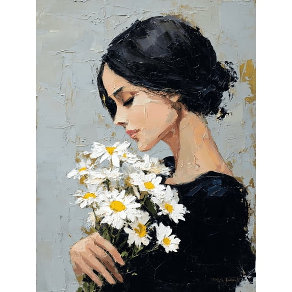 UXIEQU Woman Holding Daisies Oil Painting Canvas Wall Art Print 15.75x11.81 Inches