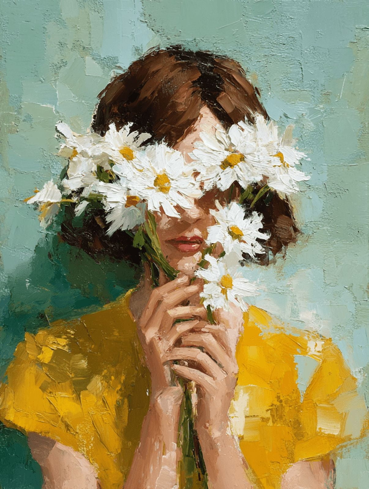 WOMAN 油絵アート UXIEQU Woman with Daisies Oil Painting Canvas Wall Art 15.75x11.81