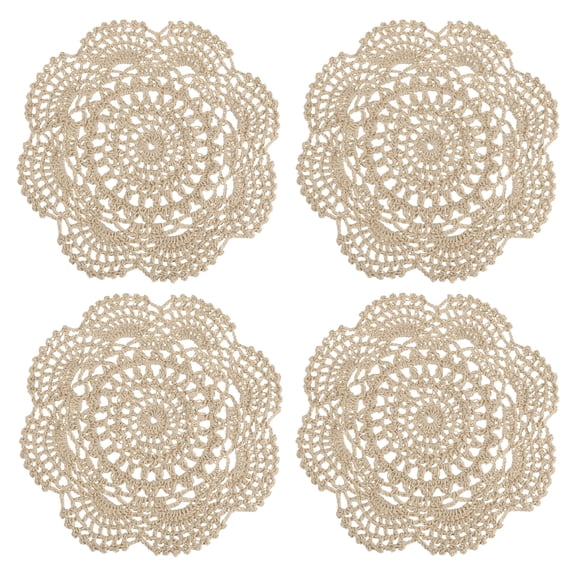 UXcell 4 Pcs Crochet Handmade Cotton Placemats, 7.9" Round Lace Doilies Coaster, Lace Gimp Tray Coasters for Crafts, Daily Kitchen Use, Tea Cup, Festivals, Home Decoration, Light Brown