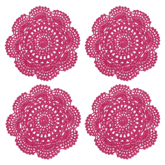 UXcell 4 Pcs Crochet Handmade Cotton Placemats, 7.9" Round Lace Doilies Coaster, Lace Gimp Tray Coasters for Crafts, Daily Kitchen Use, Tea Cup, Festivals, Home Decoration, Rose Red