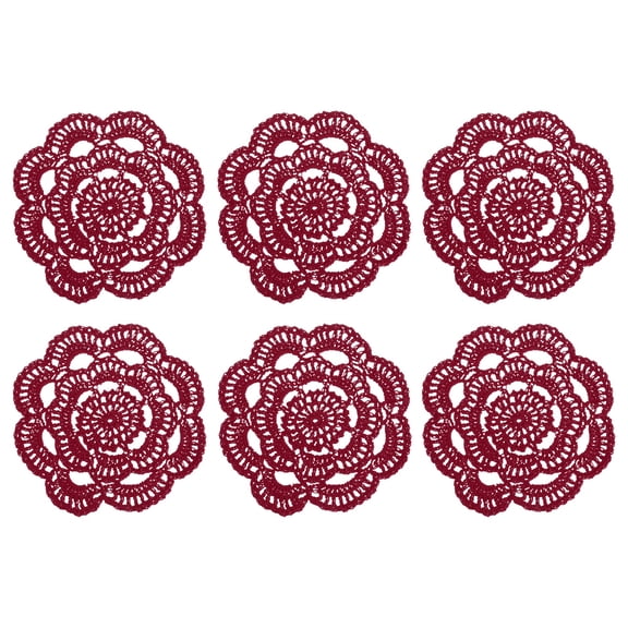 UXcell 6 Pcs Crochet Handmade Cotton Placemats, 6.3" Round Lace Doilies Coaster, Lace Gimp Tray Coasters for Crafts, Daily Kitchen Use, Tea Cup, Festivals, Home Decoration, Burgundy
