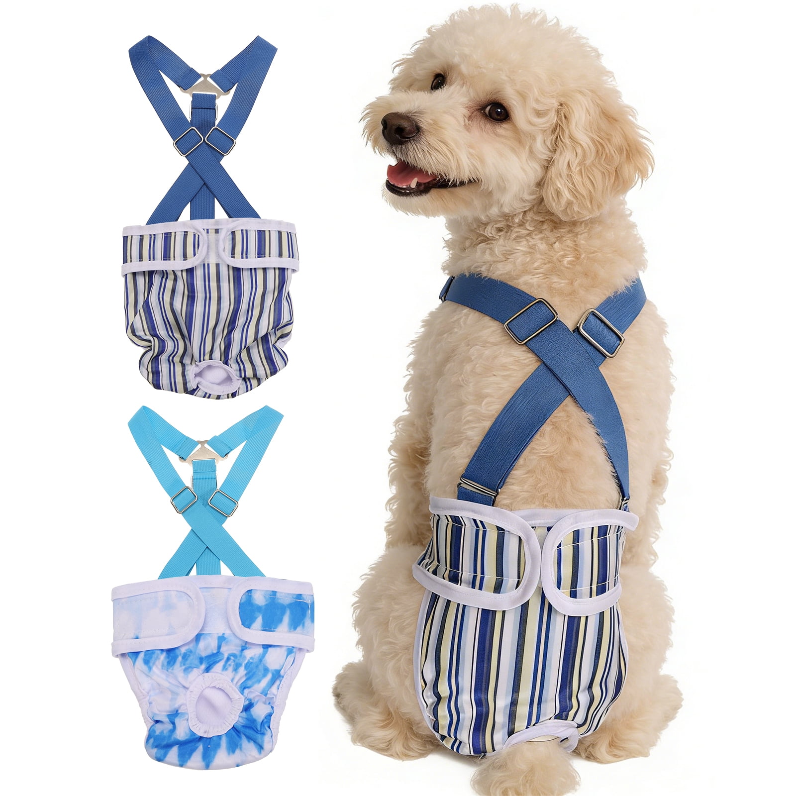 Washable Female Dog Diapers with Suspender, Reusable Dog Diapers Absorbent Leakproof(Striped Blue/Tie-Dye Light Blue M, 2Pcs), Intended for Female in Heat Cycle