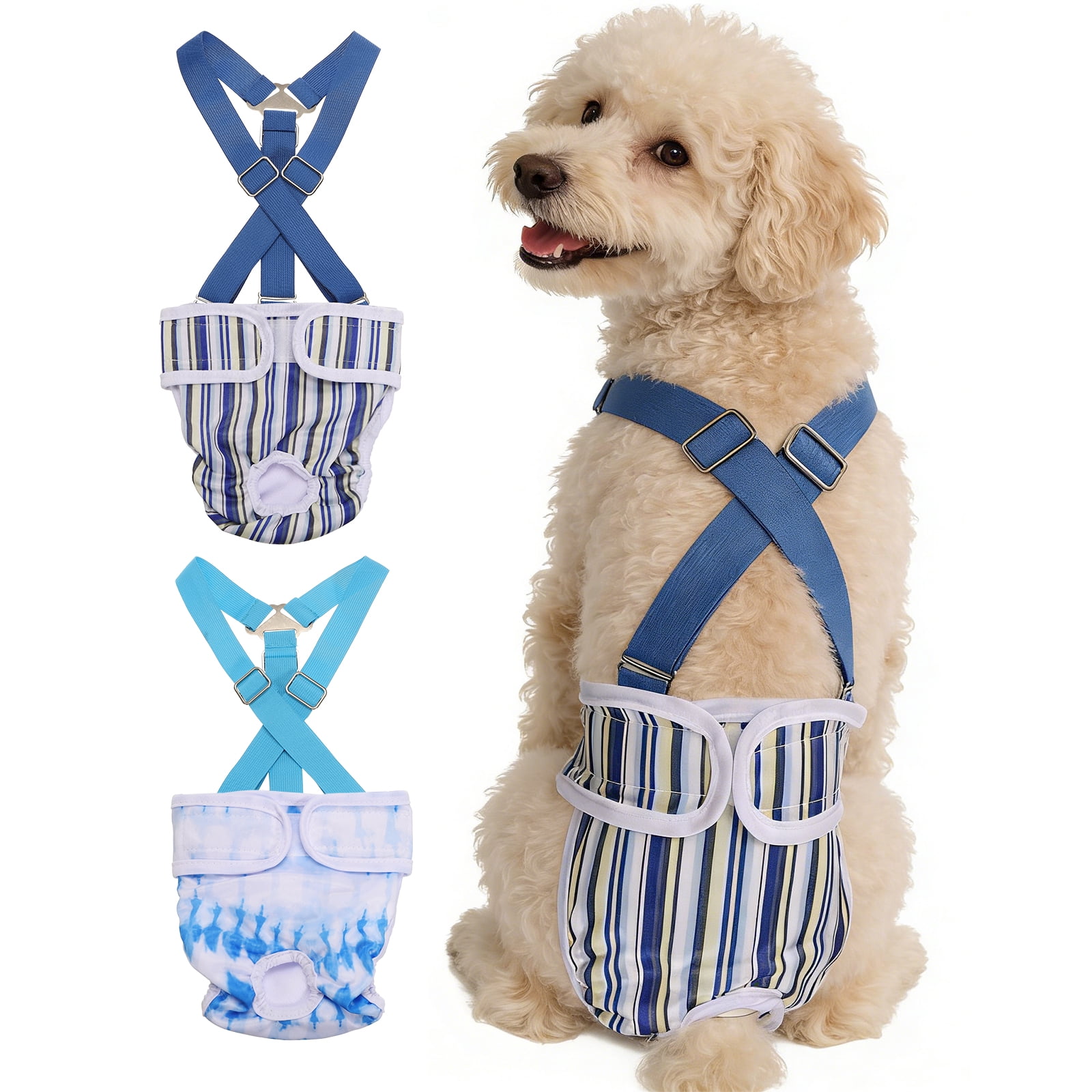 Washable Female Dog Diapers with Suspender, Reusable Dog Diapers Absorbent Leakproof(Striped Blue/Tie-Dye Light Blue S, 2Pcs), Intended for Female in Heat Cycle