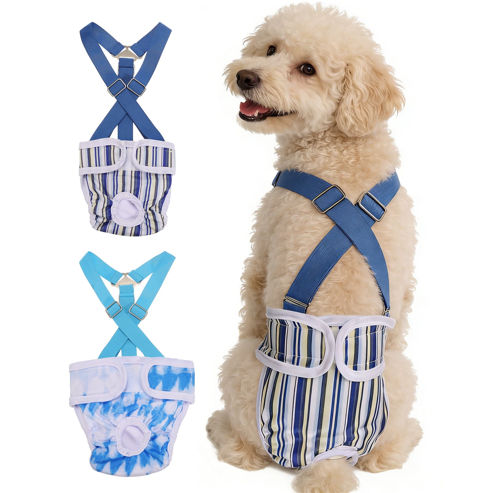 Washable Female Dog Diapers with Suspender, Reusable Dog Diapers Absorbent Leakproof(Striped Blue/Tie-Dye Light Blue XS, 2Pcs), Intended for Female in Heat Cycle