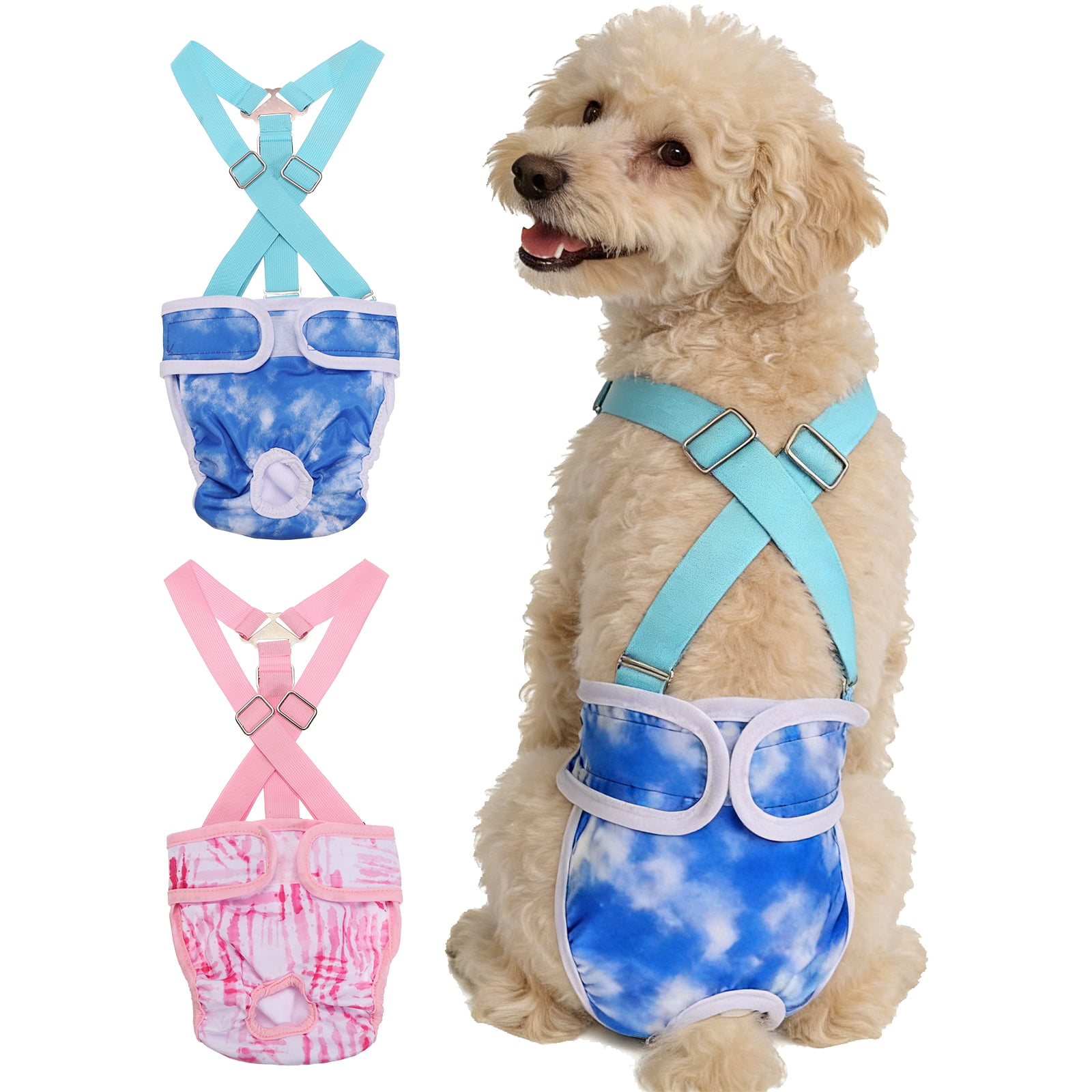 Washable Female Dog Diapers with Suspender, Reusable Dog Diapers Absorbent Leakproof(Tie-Dye Dark Blue/Tie-Dye Dark Pink S, 2Pcs), Intended for Female in Heat Cycle