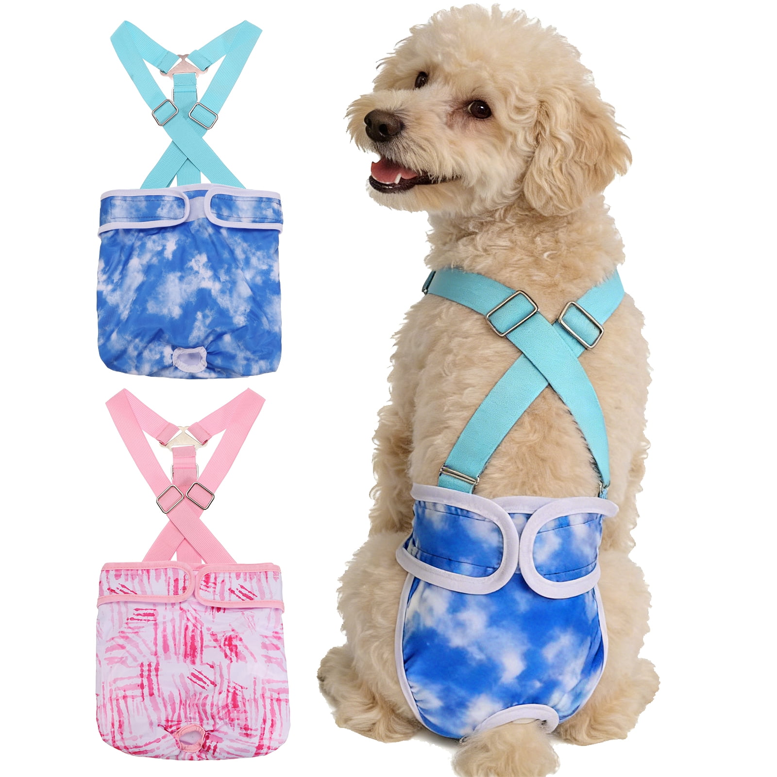 Washable Female Dog Diapers with Suspender, Reusable Dog Diapers Absorbent Leakproof(Tie-Dye Dark Blue/Tie-Dye Dark Pink XL, 2Pcs), Intended for Female in Heat Cycle