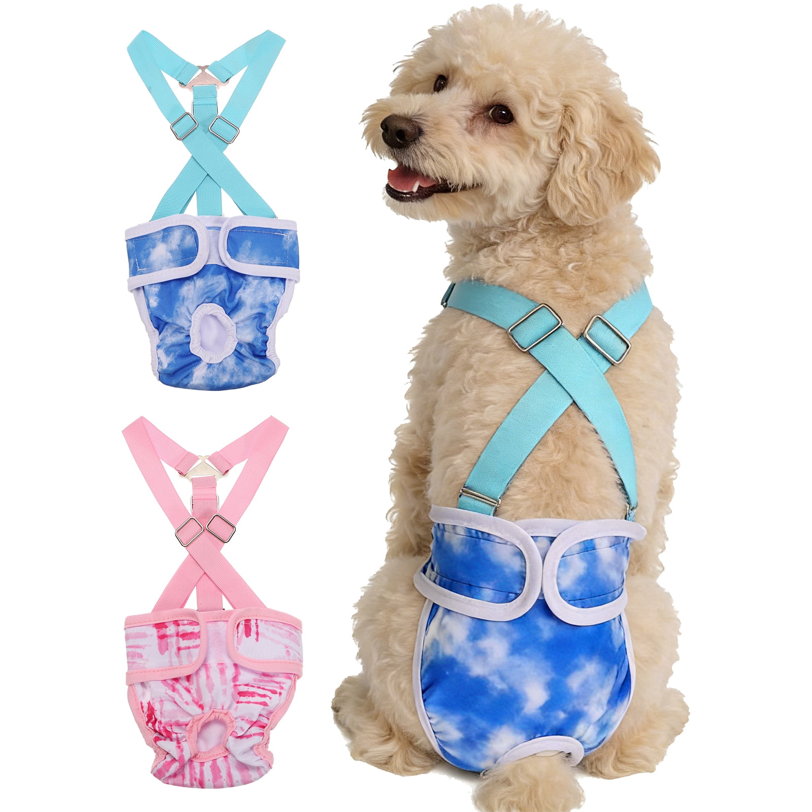 Washable Female Dog Diapers with Suspender, Reusable Dog Diapers Absorbent Leakproof(Tie-Dye Dark Blue/Tie-Dye Dark Pink XS, 2Pcs), Intended for Female in Heat Cycle