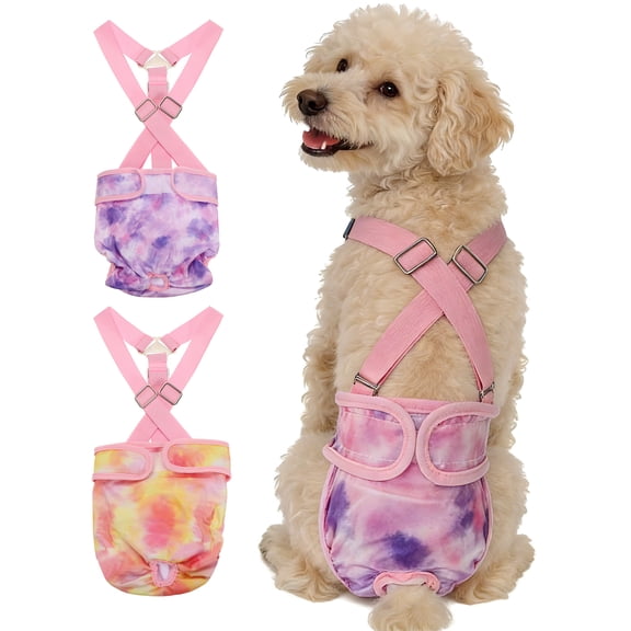Washable Female Dog Diapers with Suspender, Reusable Dog Diapers Absorbent Leakproof(Tie-Dye Orange Yellow/Tie-Dye Purple L, 2Pcs), Intended for Female in Heat Cycle