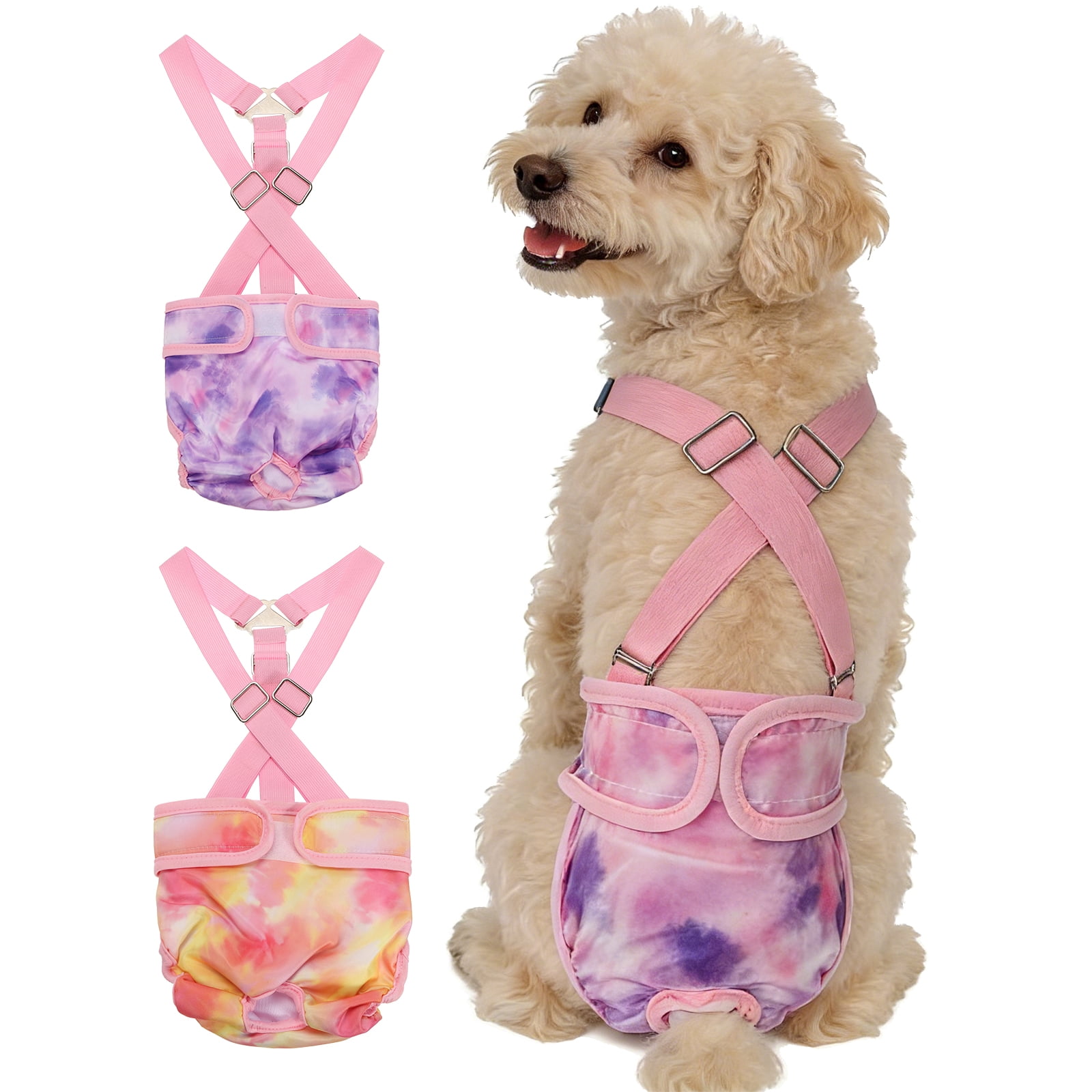 Washable Female Dog Diapers with Suspender, Reusable Dog Diapers Absorbent Leakproof(Tie-Dye Orange Yellow/Tie-Dye Purple M, 2Pcs), Intended for Female in Heat Cycle
