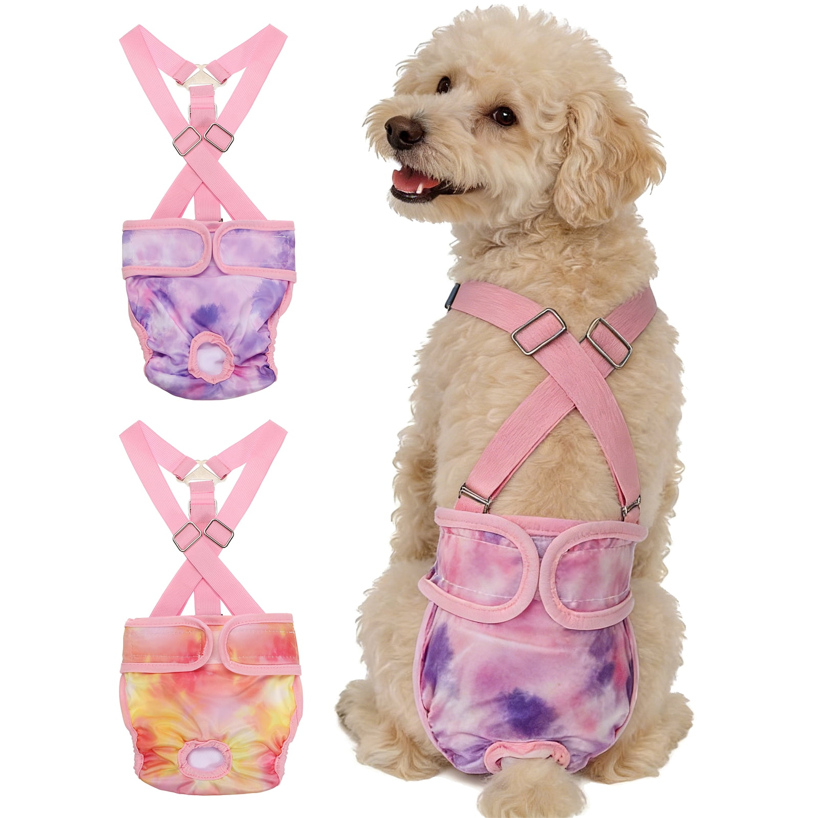 Washable Female Dog Diapers with Suspender, Reusable Dog Diapers Absorbent Leakproof(Tie-Dye Orange Yellow/Tie-Dye Purple S, 2Pcs), Intended for Female in Heat Cycle