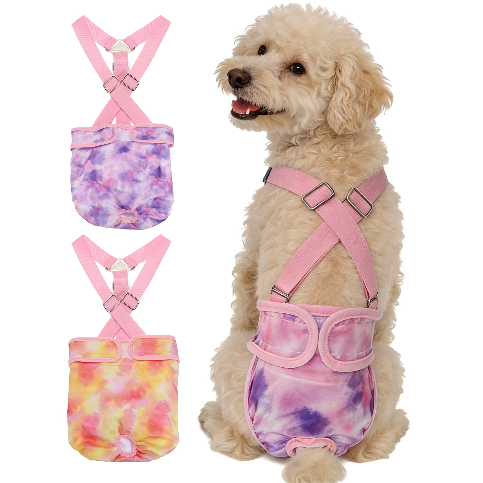 Washable Female Dog Diapers with Suspender, Reusable Dog Diapers Absorbent Leakproof(Tie-Dye Orange Yellow/Tie-Dye Purple XL, 2Pcs), Intended for Female in Heat Cycle