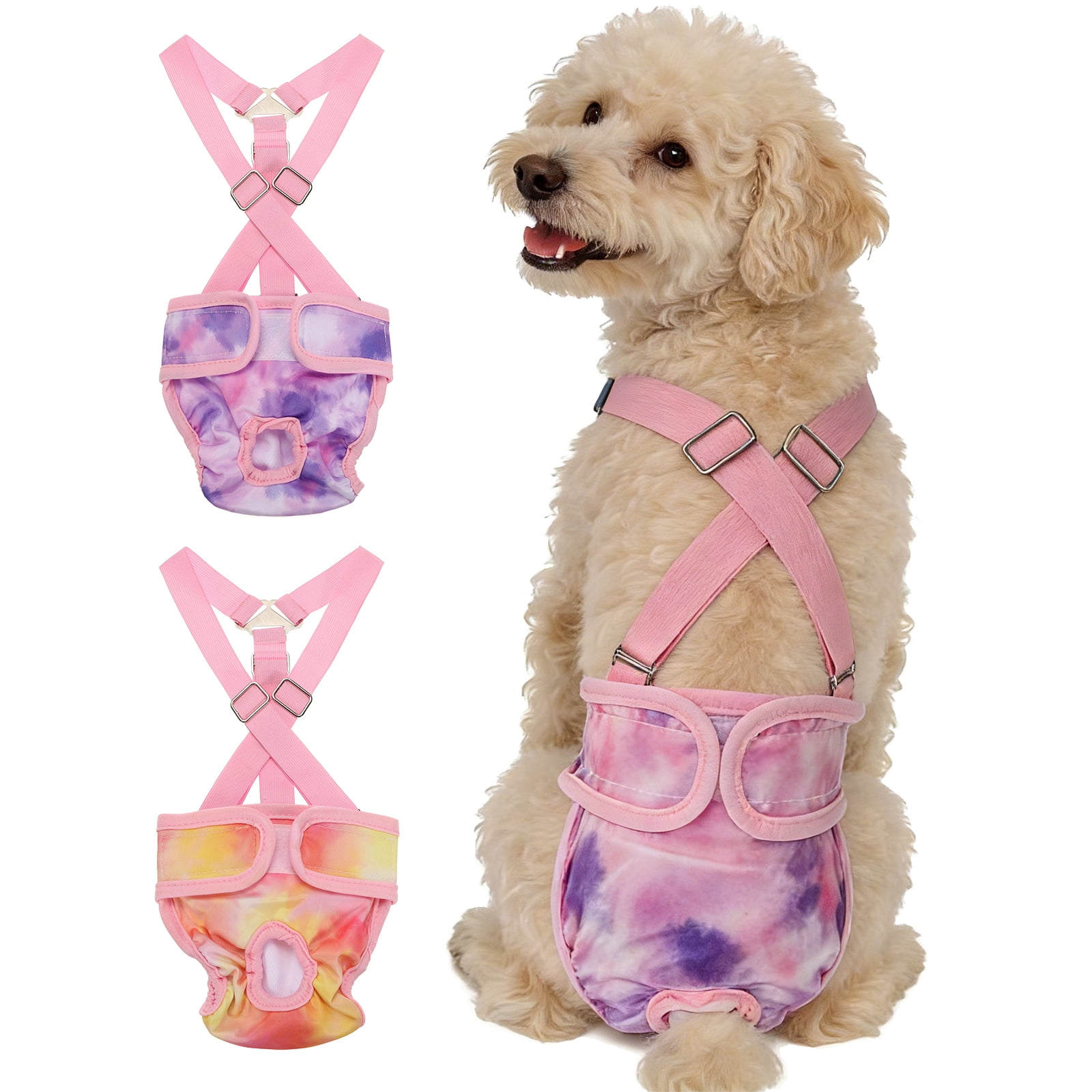 Washable Female Dog Diapers with Suspender, Reusable Dog Diapers Absorbent Leakproof(Tie-Dye Orange Yellow/Tie-Dye Purple XS, 2Pcs), Intended for Female in Heat Cycle